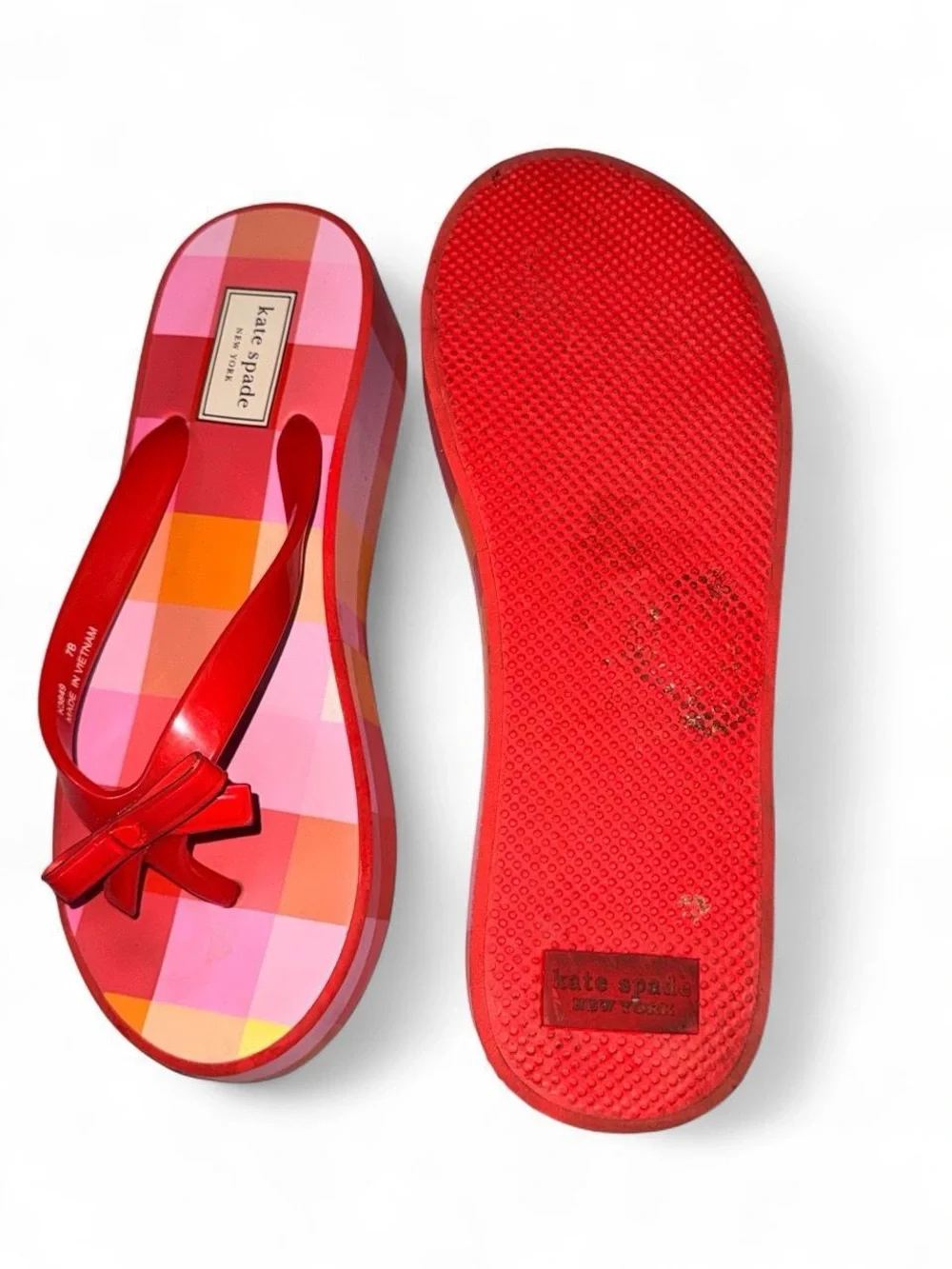 kate spade Red Pink Orange Check Platform Flip Flops